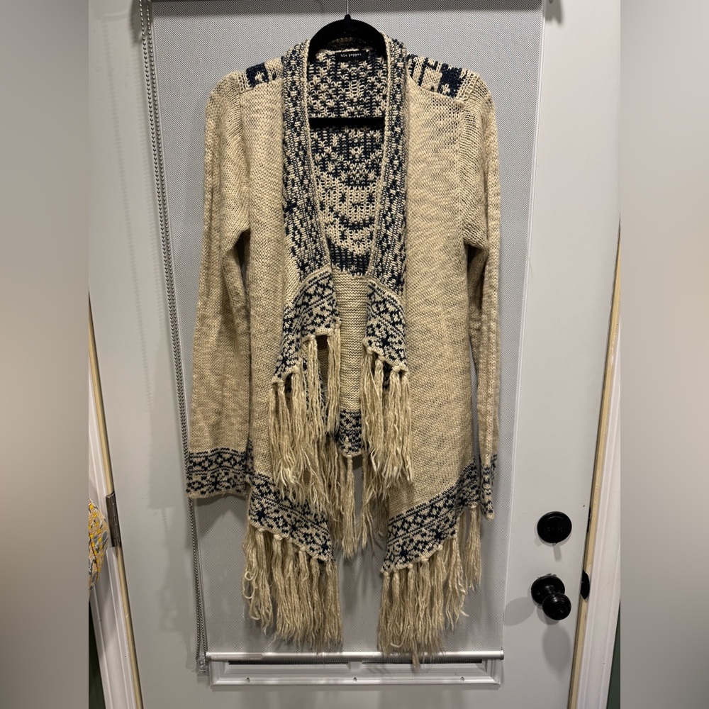 Fringed Beige and Navy Blue Cardigan